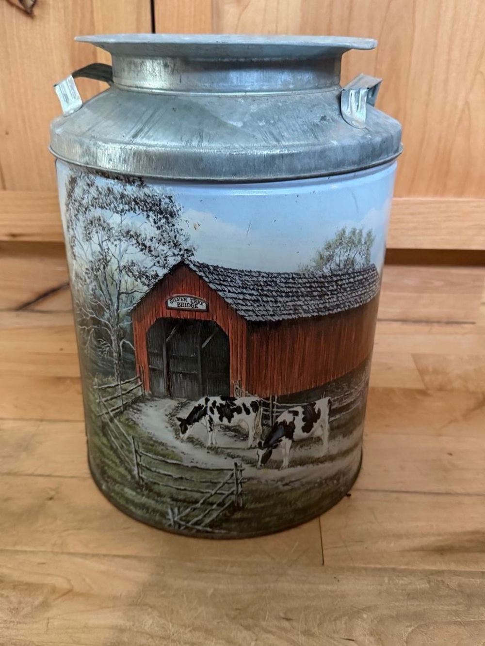Vintage Farm Scene Milk Can Tin - Red Barn Cow Artwork